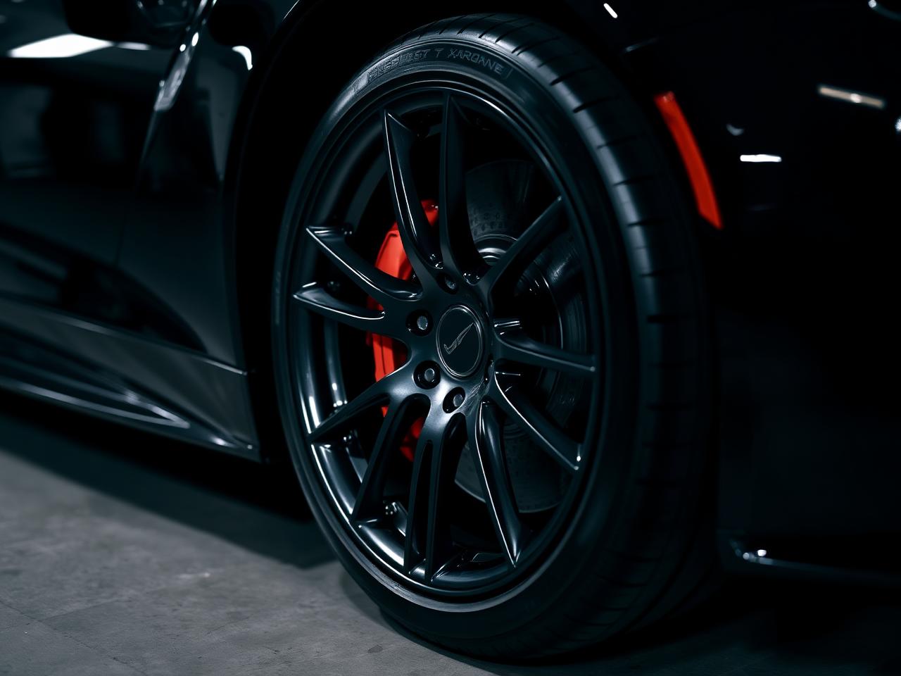 Freshly detailed wheel and tire with a clean glossy finish
