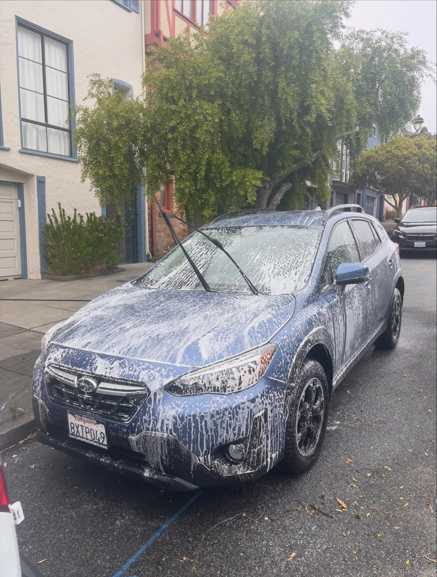 Green Subaru Crosstrek covered in foam before detailing